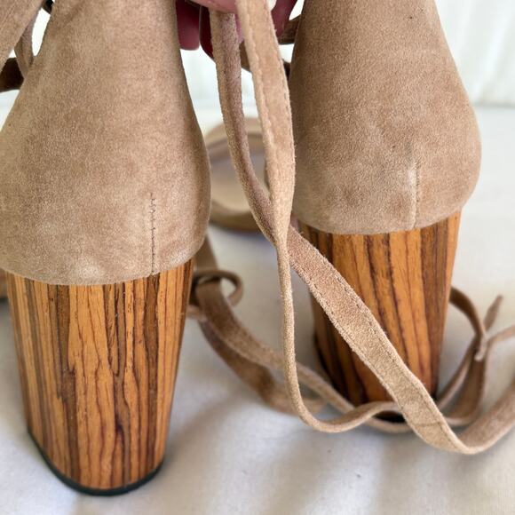 Raye Belle Wrap Heels 9 Suede Tan Brown Wooden Sandals Boho - Picture 3 of 8